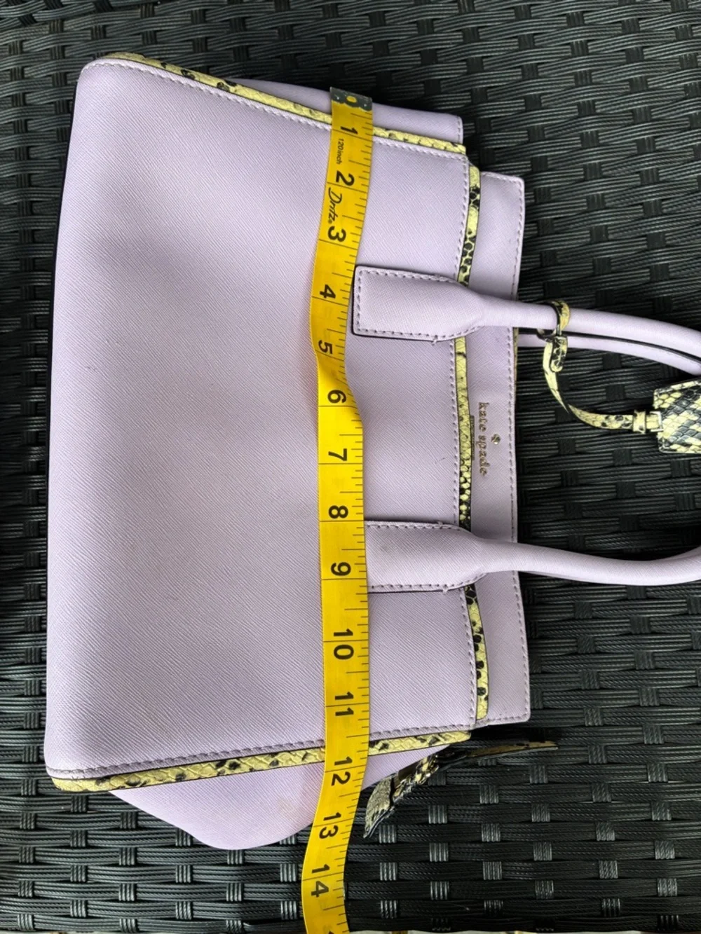 kate spade lilac satchel with yellow snake-print trim